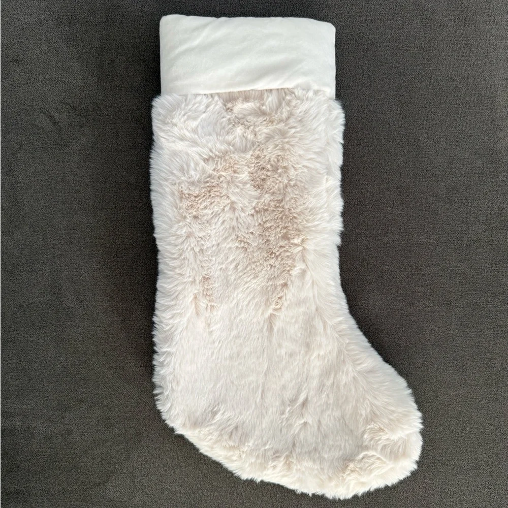 Crate & Barrel Warm White Faux Fur Christmas Stocking